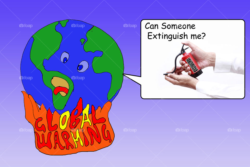 A burning earth due to global warming is hoping that someone will extinguish her