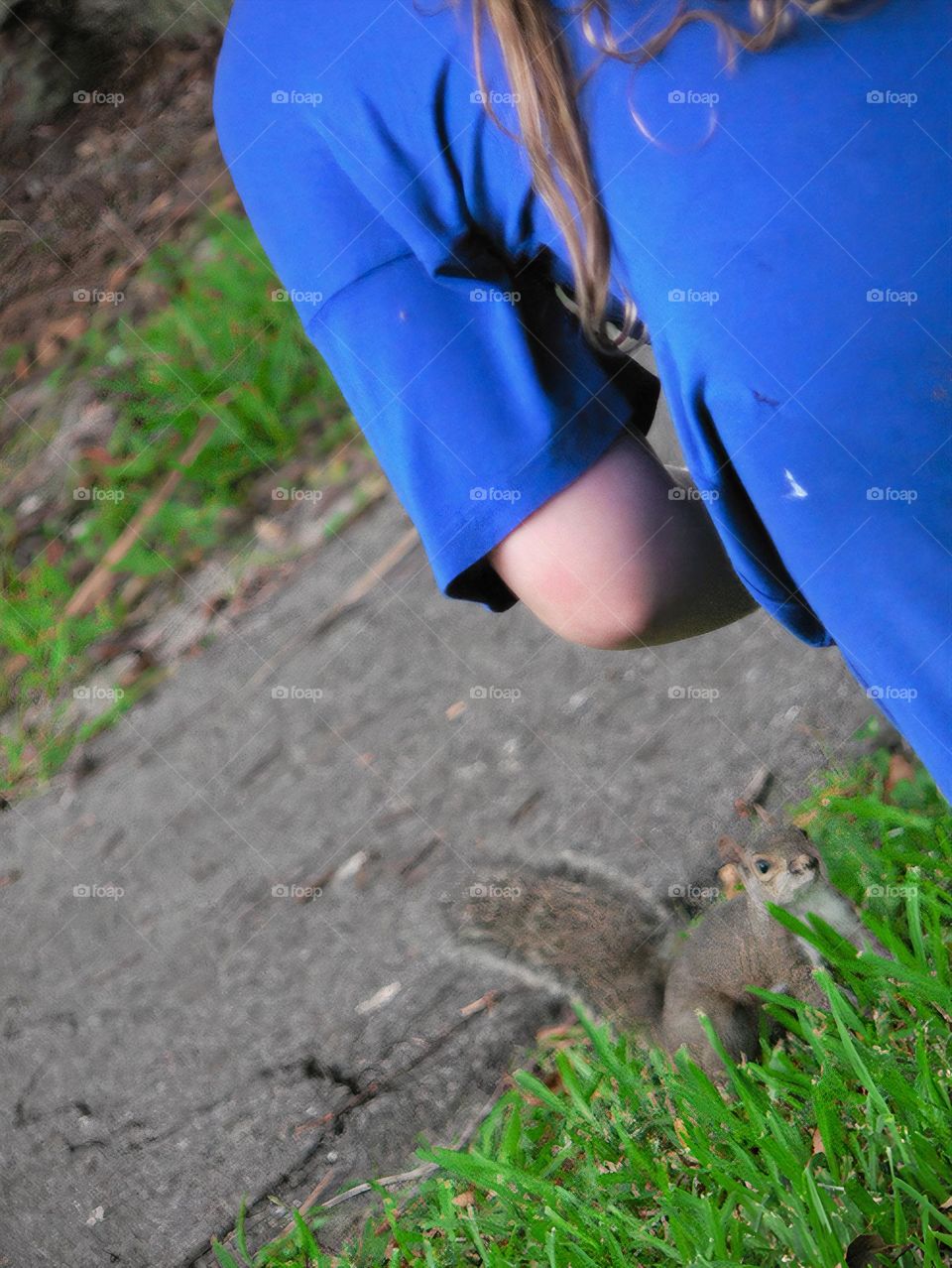 Child girl seen from her back, interacting with squirrels at the city park with squirrel going towards her from the tree.