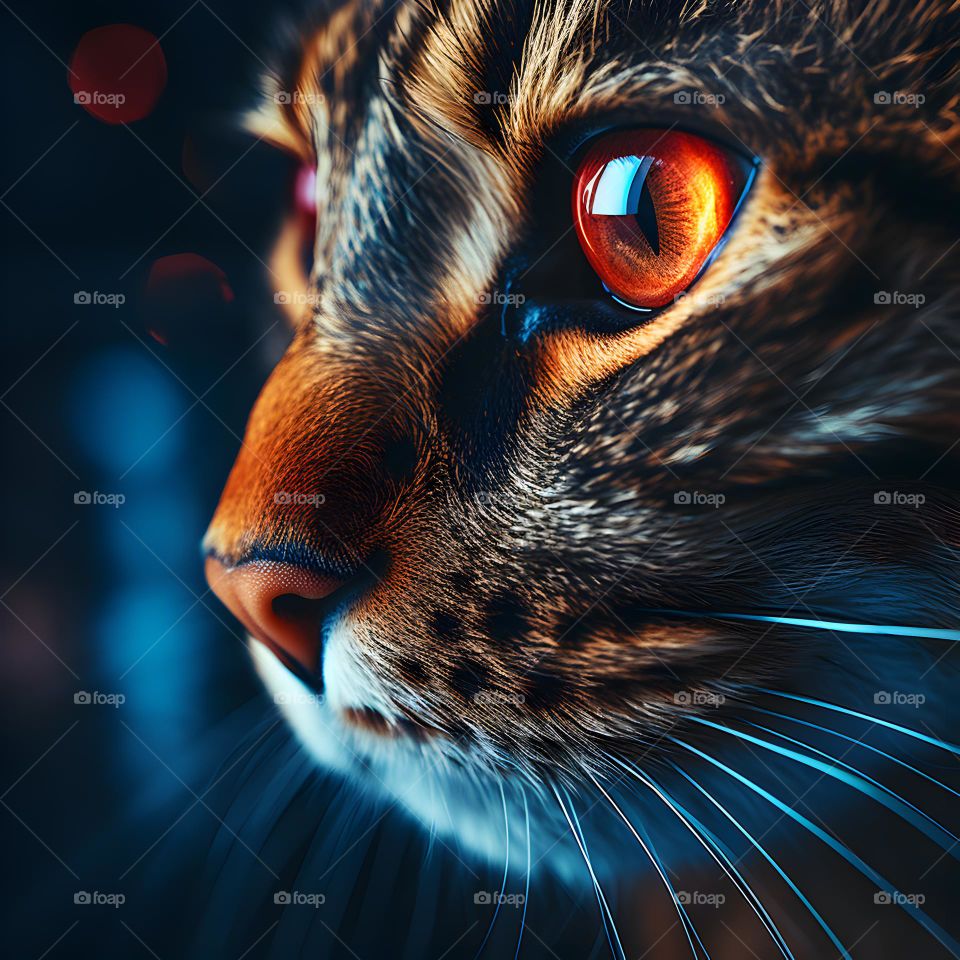 close up of a cat face with round eyes, in the style of vray tracing, photo-realistic techniques