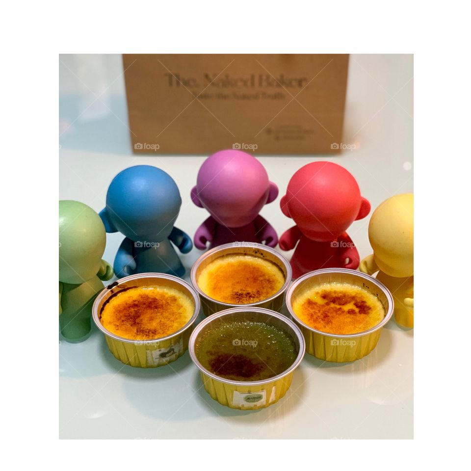 Creme brûlée in four assorted flavors, durian, matcha, vanilla and white chocolate. 