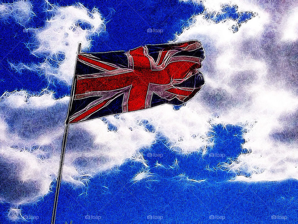 At a glance this is a Union Flag with clouds and blue sky's beneath. 