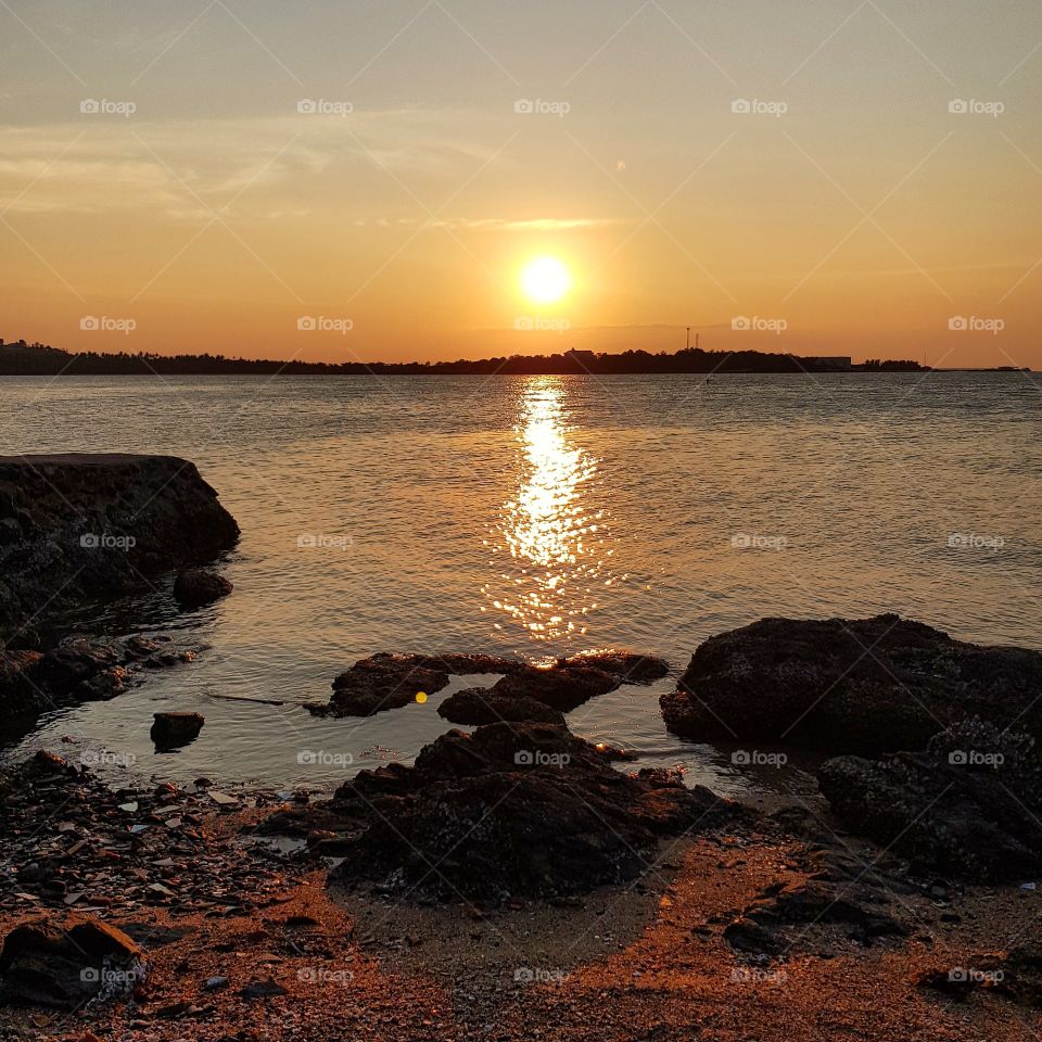 Scenic view of seashore against sunset sky