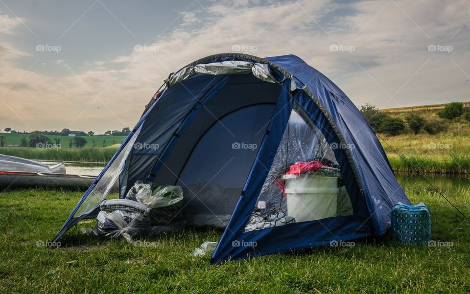 Tent at camping place in the summer. 