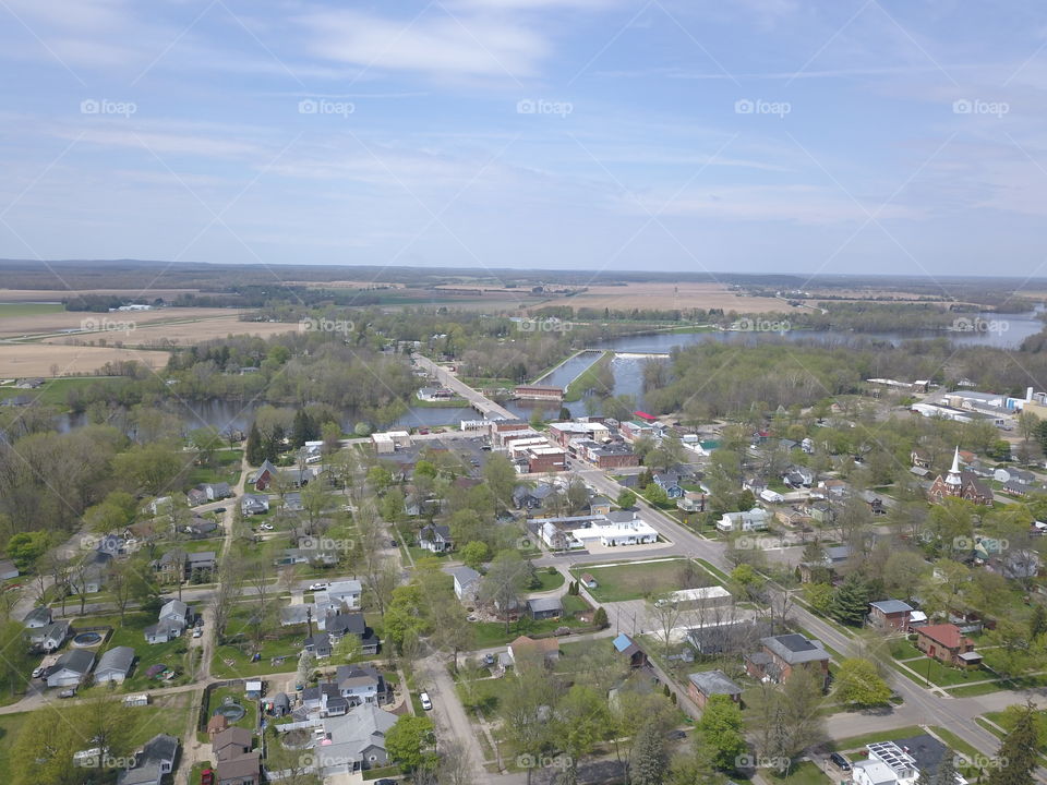 Aerial of river running through town 