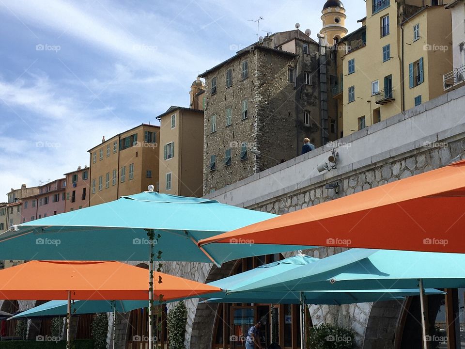 Blue and orange parasols