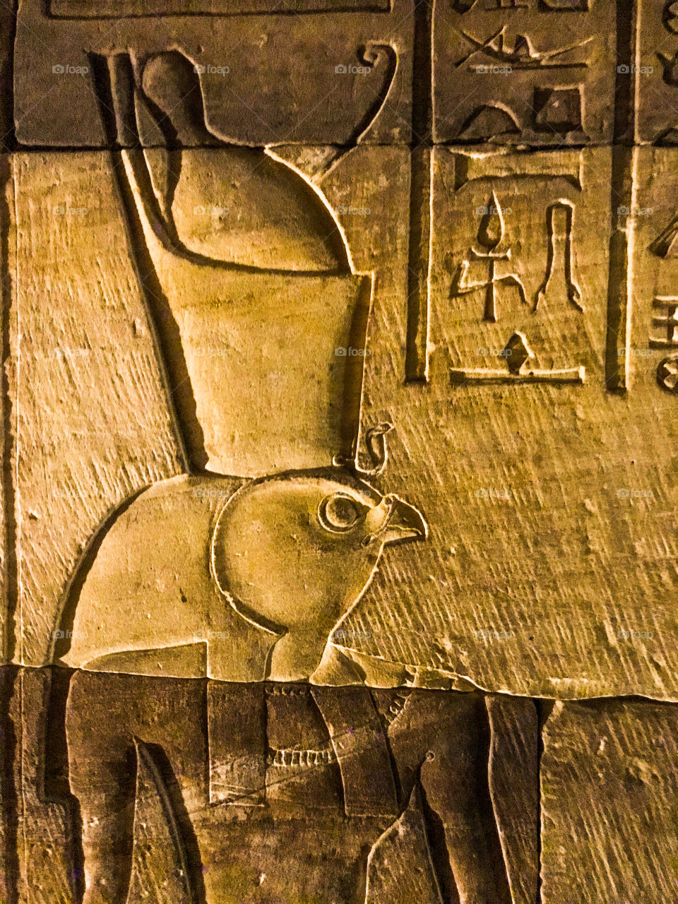 The ancient Egyptian God "Horus" carved into the ancient Egyptian temple of Horus in Aswan, Egypt. Isn't it incredible?!