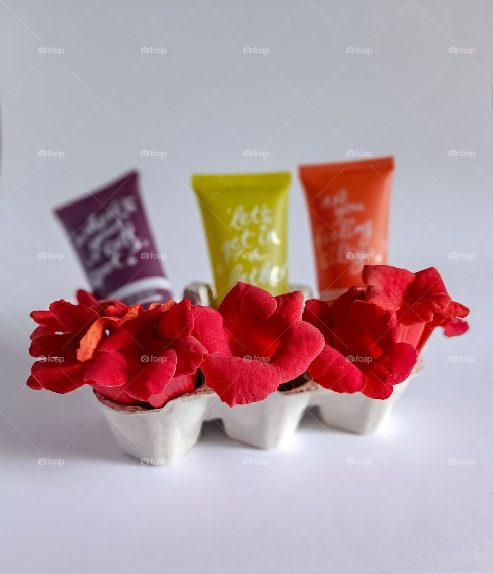 spa treatments concept. shower gels of different colors and scents
