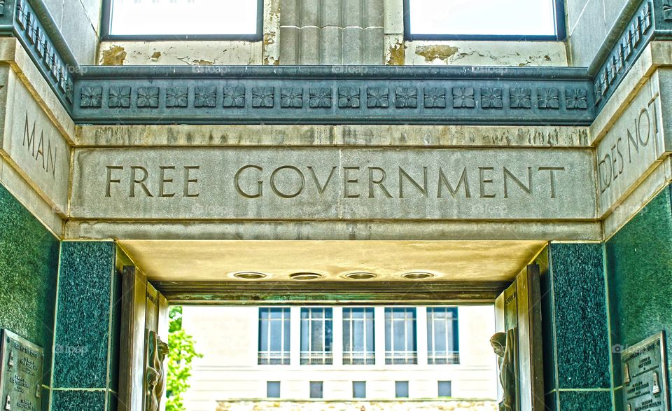 Free government HDR . The words Free Government displayed inside the Memorial Campanile on the KU campus