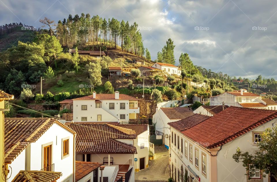 A view across the rooftops of Dornes across to a tree lined hill. 