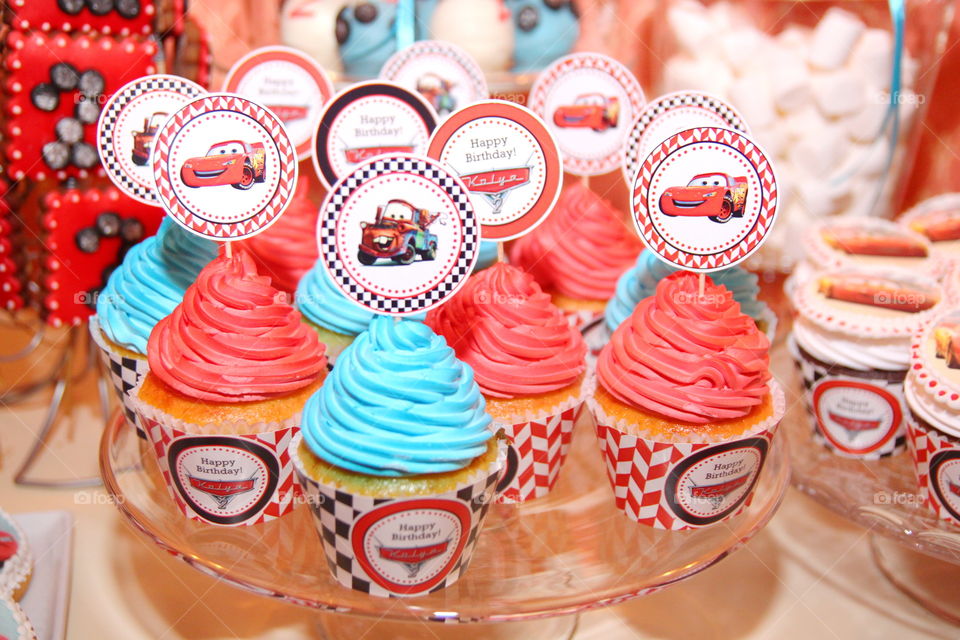 Cupcakes on birthday party. Cars