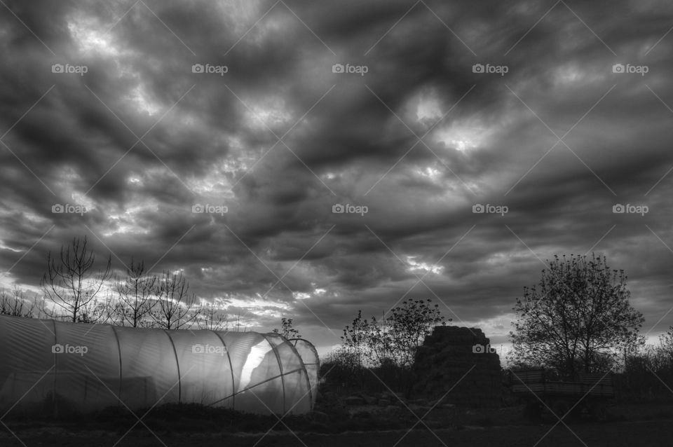 Sunset, Sky, Landscape, Storm, Monochrome