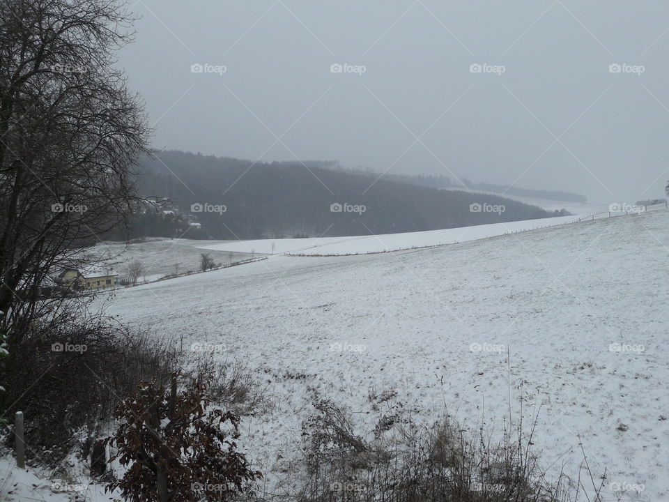 winter season snow fields sauerland germany view outdoors misty cloudy