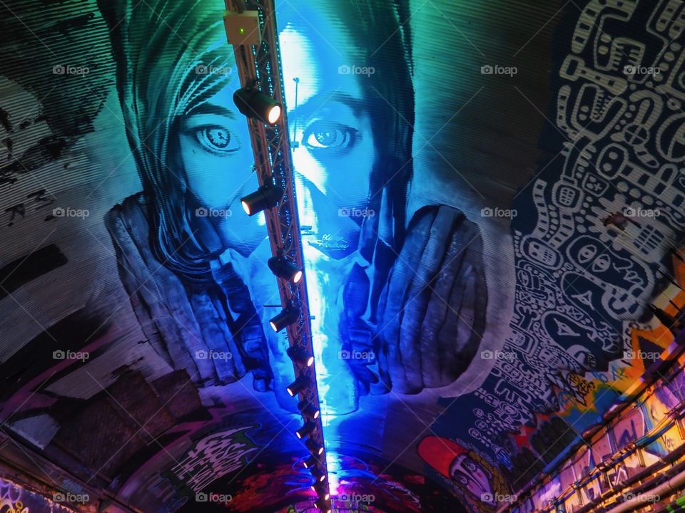 Graffiti on the ceiling of Leake Street tunnel in London.