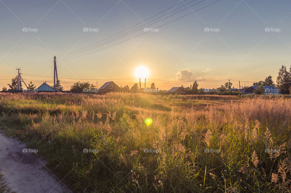 Sunset on the countryside in Russia