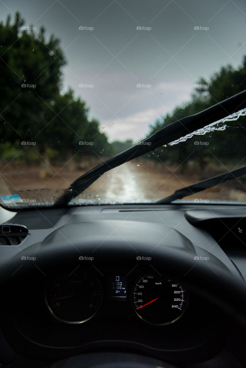 in the car on a rainy day