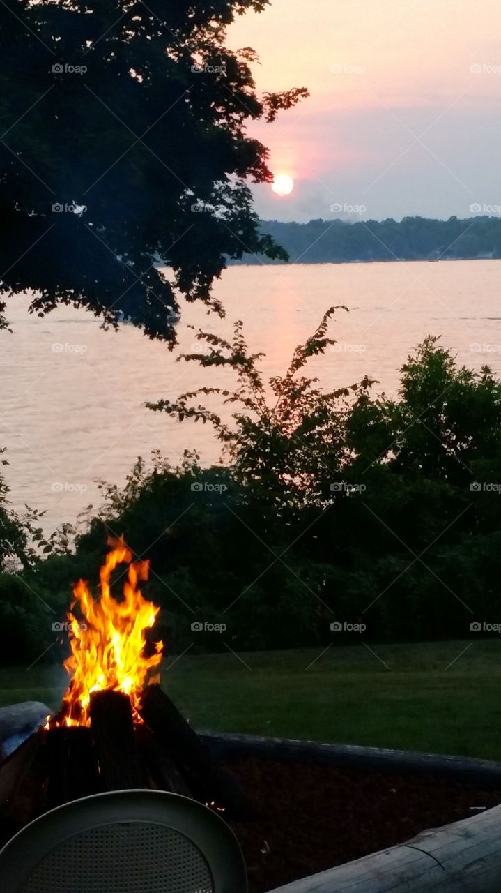 lake sunset and a bonfire