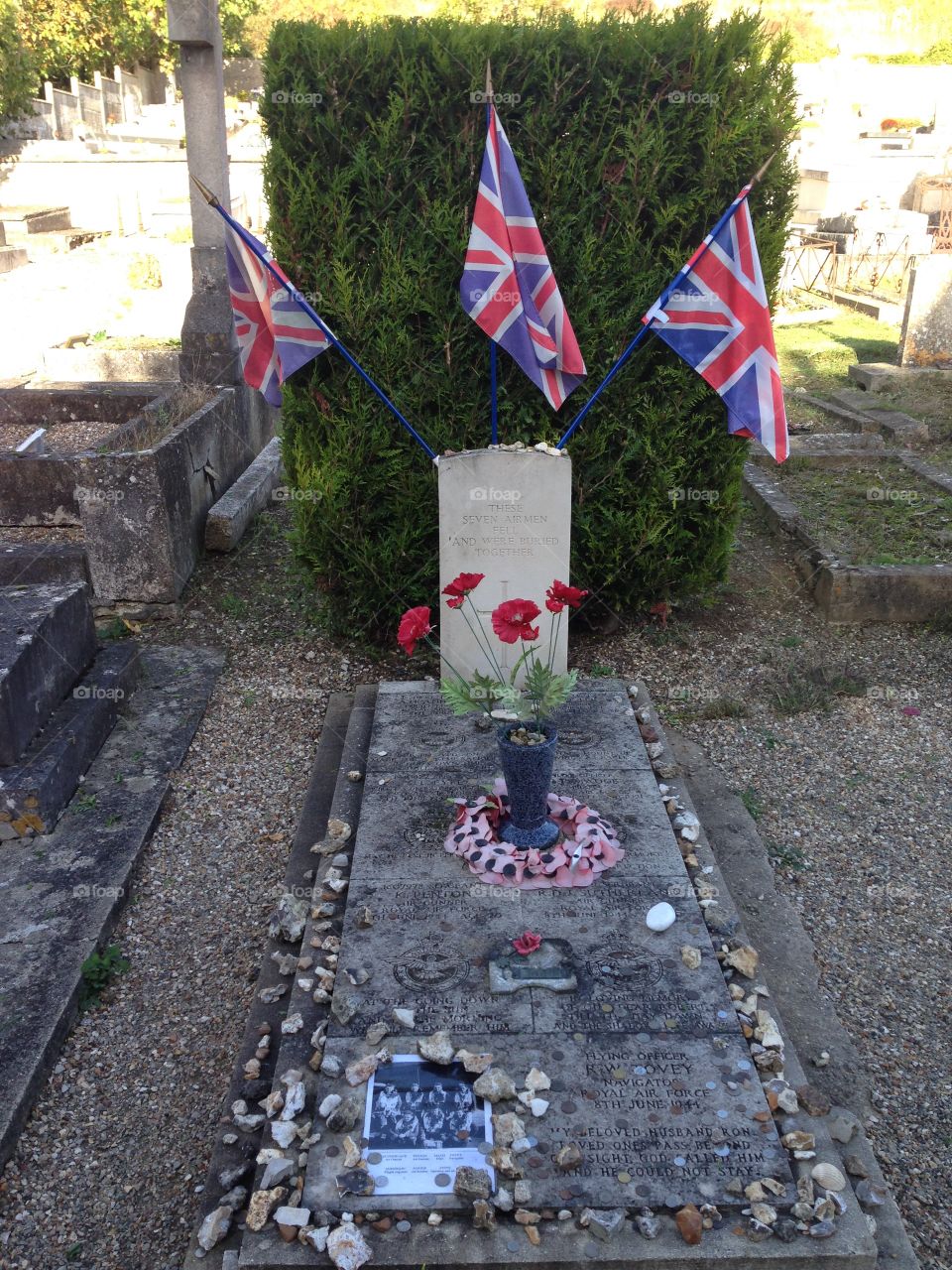Memorial to downed World War II RAF flight crew in a small cemetery in Giverny, France. 