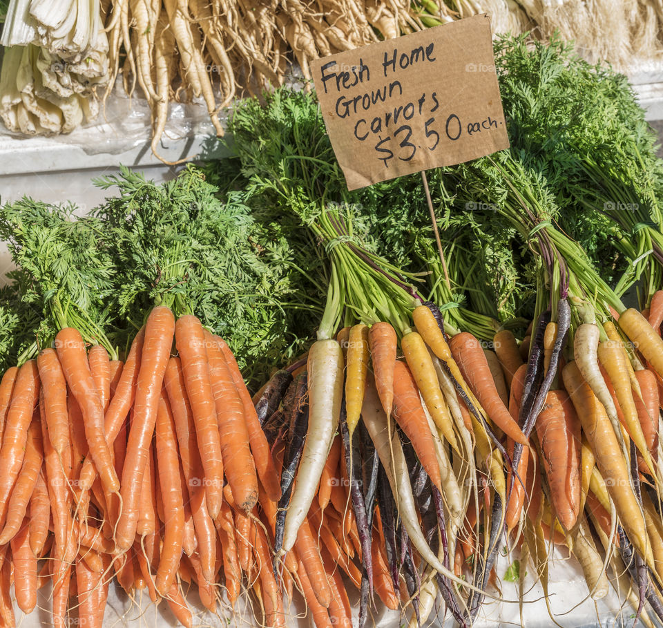Bunches of Dutch carrots on market stall.