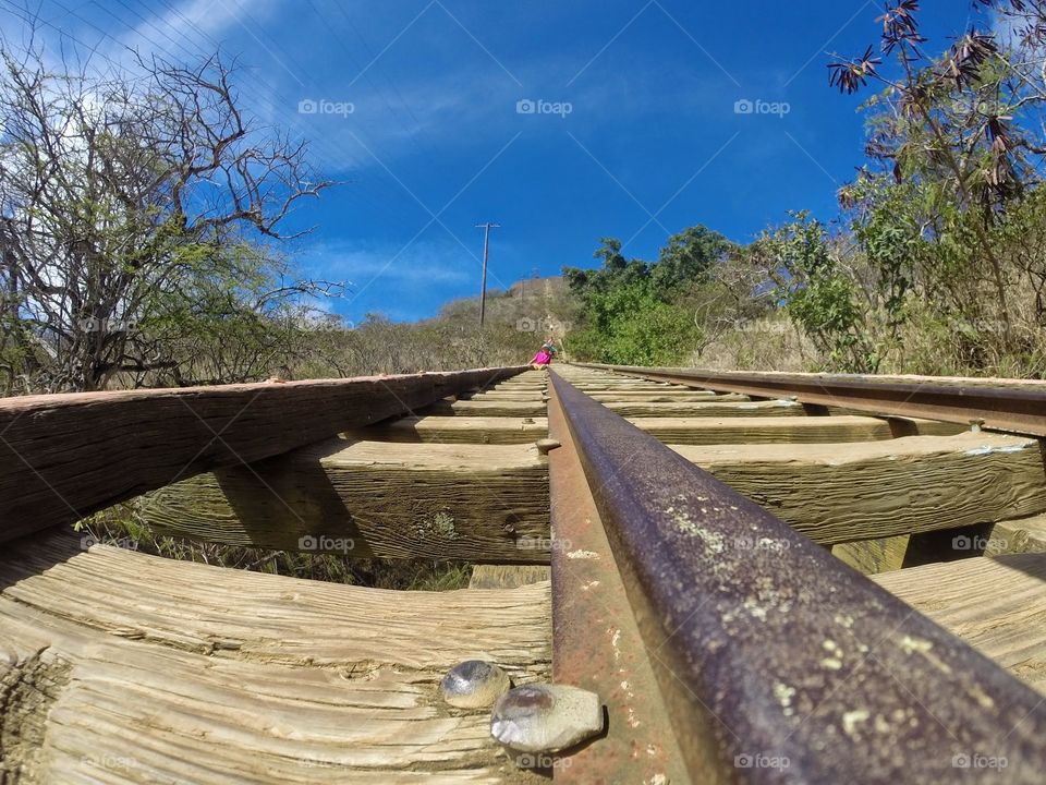 Koko trail Hawaii hiking. Halfway up the Koko head trail in Hawaii. On train tracks railroad. 