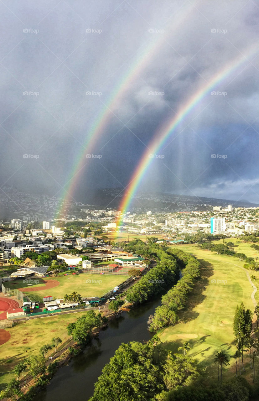 Double rainbow over a Hawaii landscape 