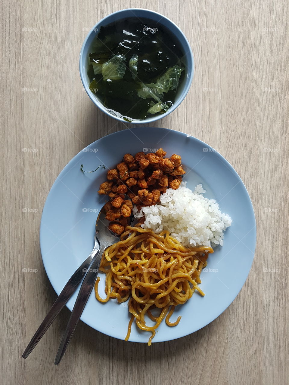 Top down view of healthy Asian vegetarian food flat lay