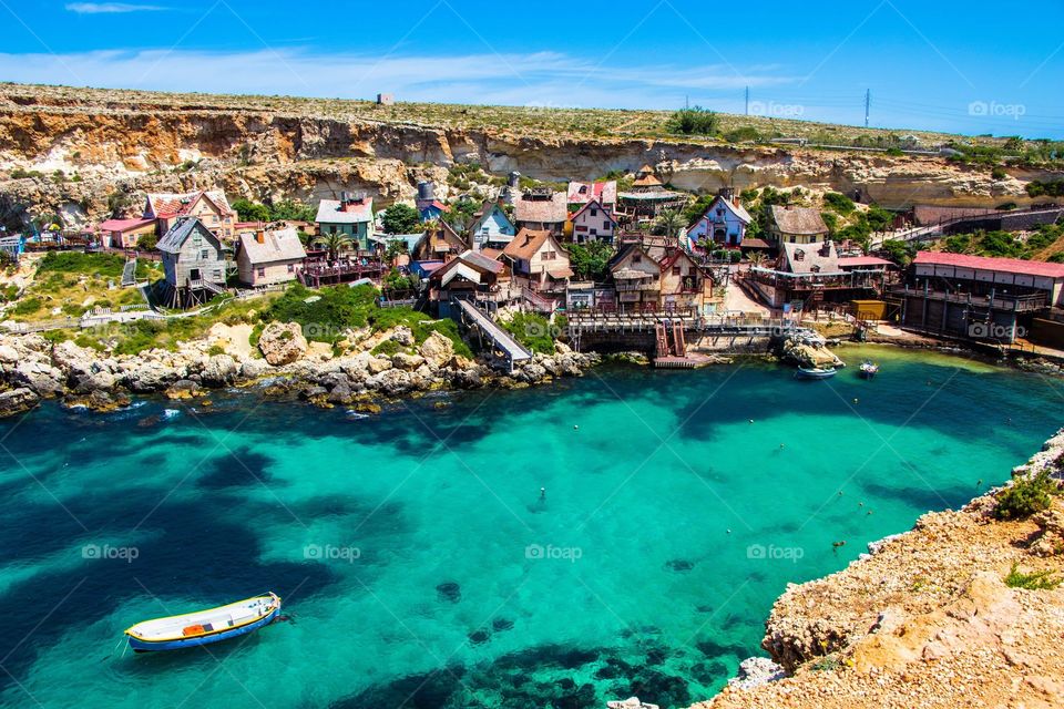 The azure waters in Mellieha, Malta. Popeye Village.