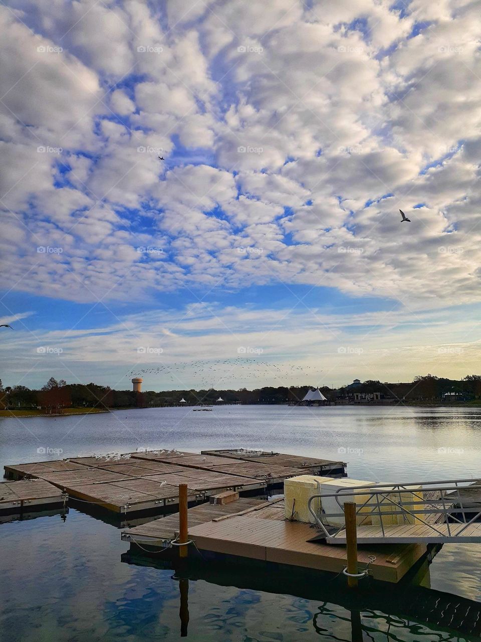 A landscape/lakescape view of the lake and dock under a beautiful blue cloudy sky at Cranes Roost Park in Altamonte Springs, Florida.