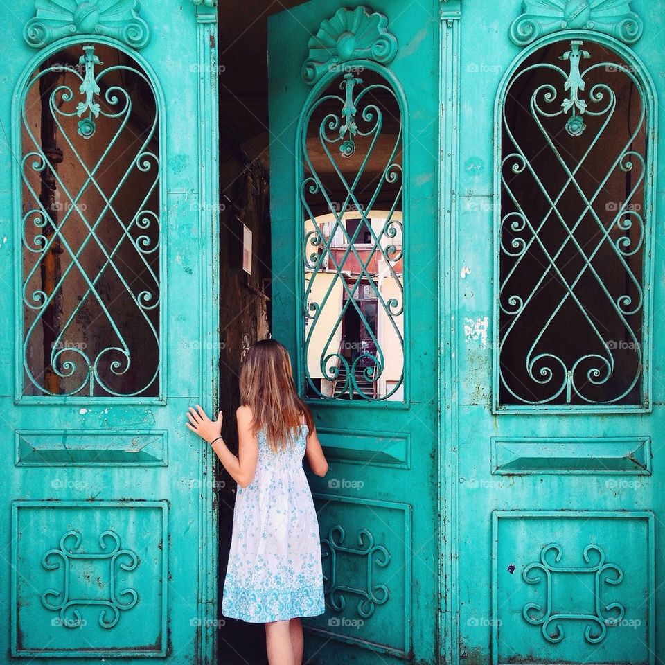 Colorful doors and little girl