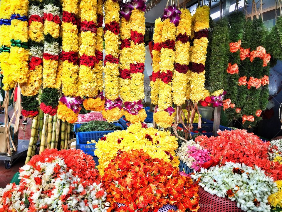 flower market scene . early morning stroll in the narrow alleys of little india, Singapore 