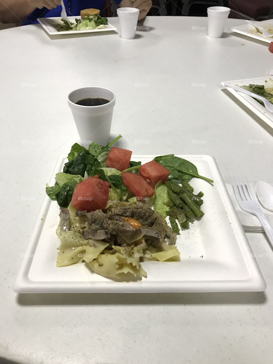 Pasta and beef dinner at church. This means both look and taste great altogether.