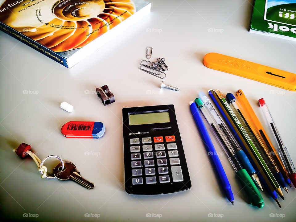 High angle view of stationery on white table