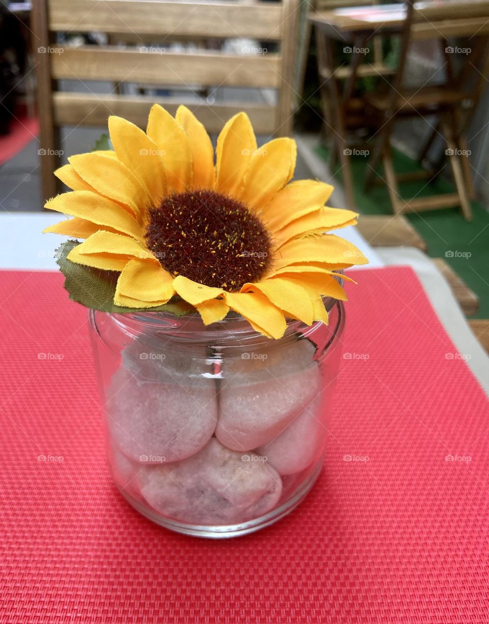 Sunflower in a jar on table