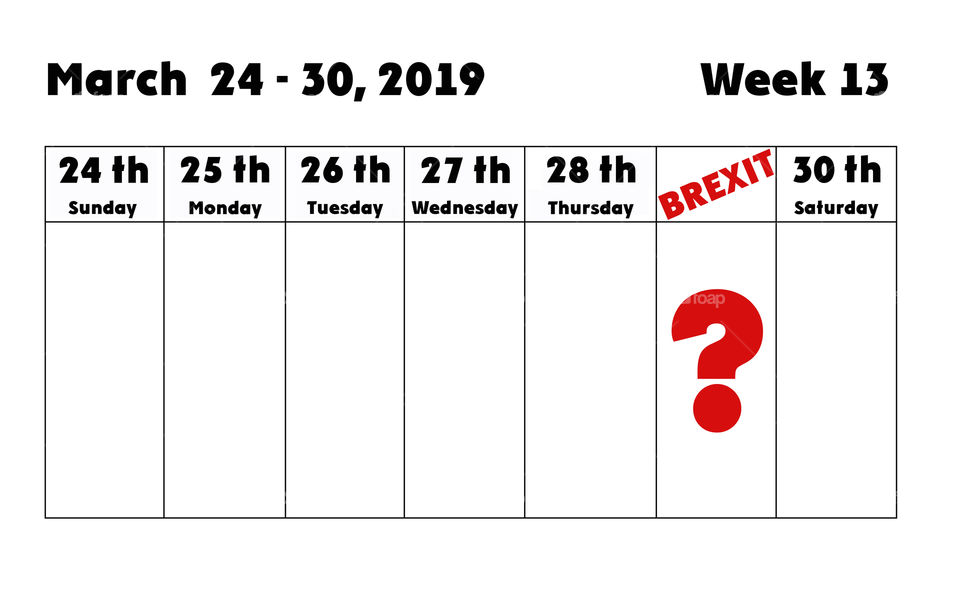 A calendar for the 13th Week of 2019 with a focus on the Brexit date