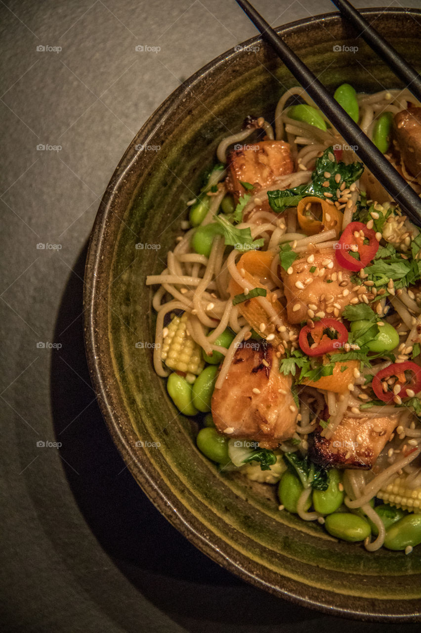 Salmon noodle  in bowl