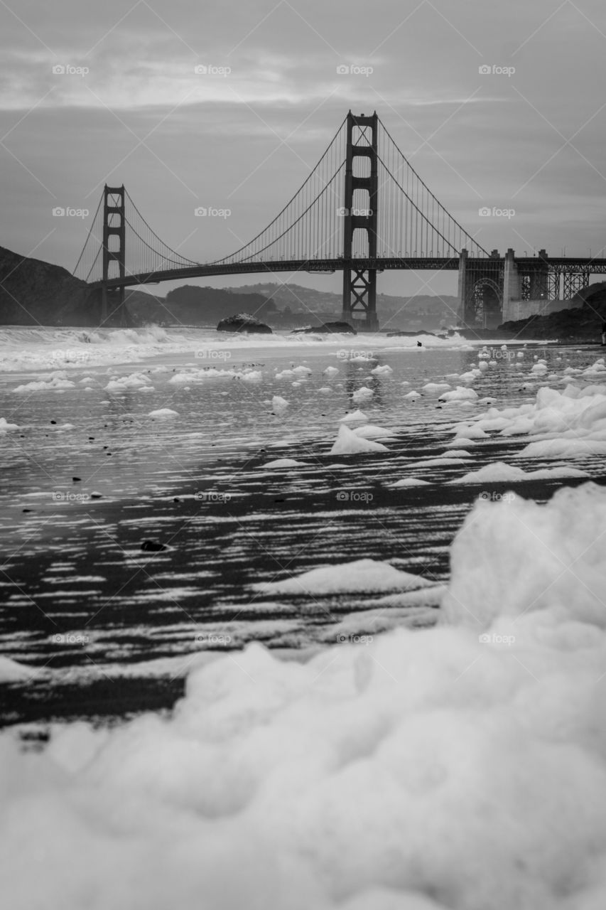 View of suspension bridge over river