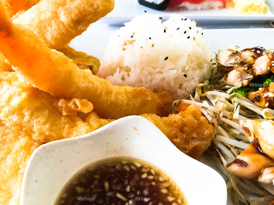 Japanese food tempura, sashimi, maki, veggies