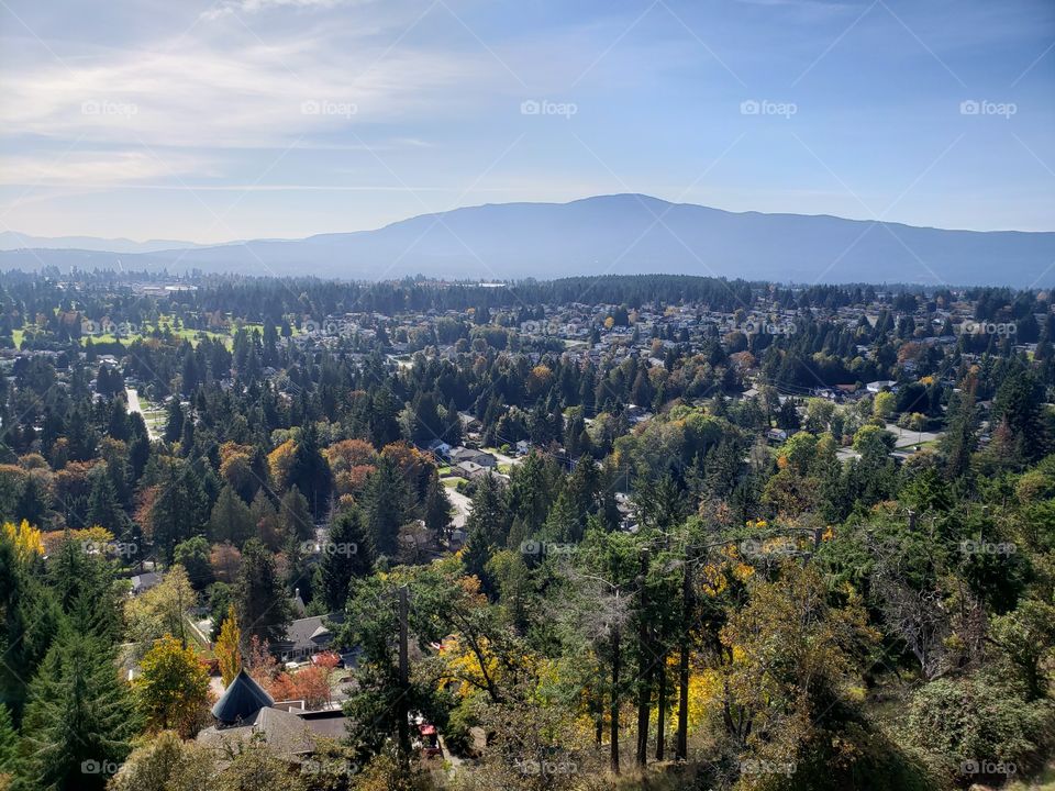 View from above, city of Nanaimo, Vancouver Island, British Columbia, Canada. Houses, forests, and hills. Trees with leaves turning colors in the autumn season, with blue cloudy sky.