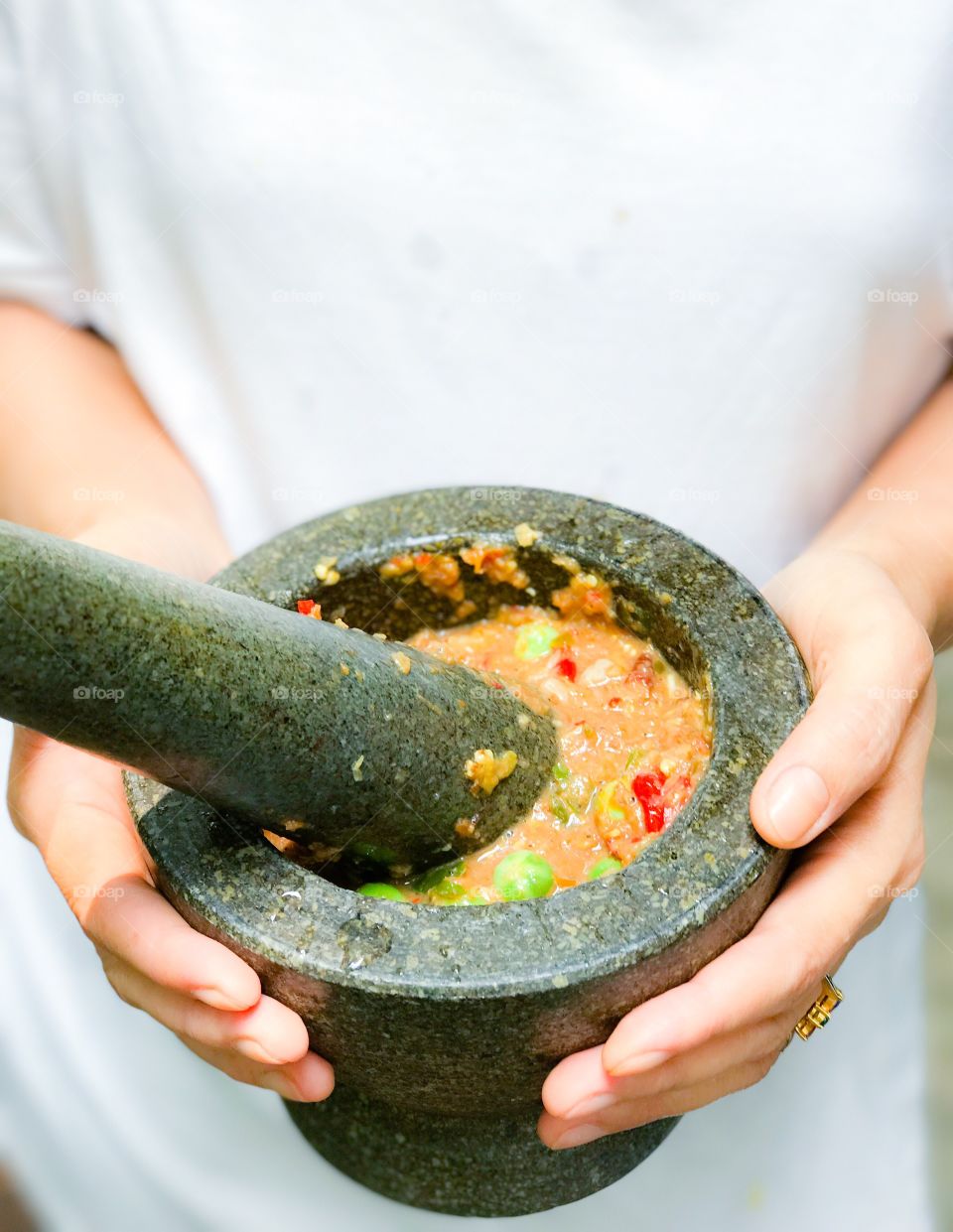 Namprik - Thai chili shrimp paste in stone mortar