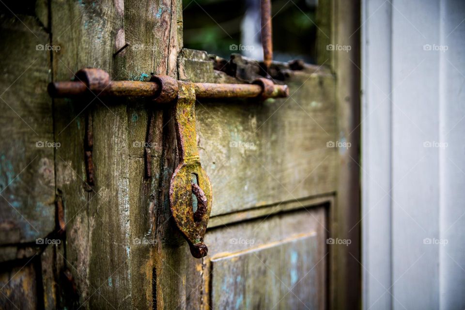 Vintage Wood Door with Antique Rusted Metal Lock Latch