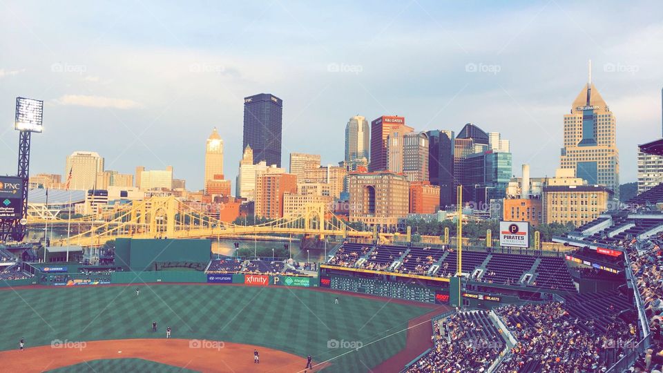 Pittsburgh skyline behind PNC Park. 