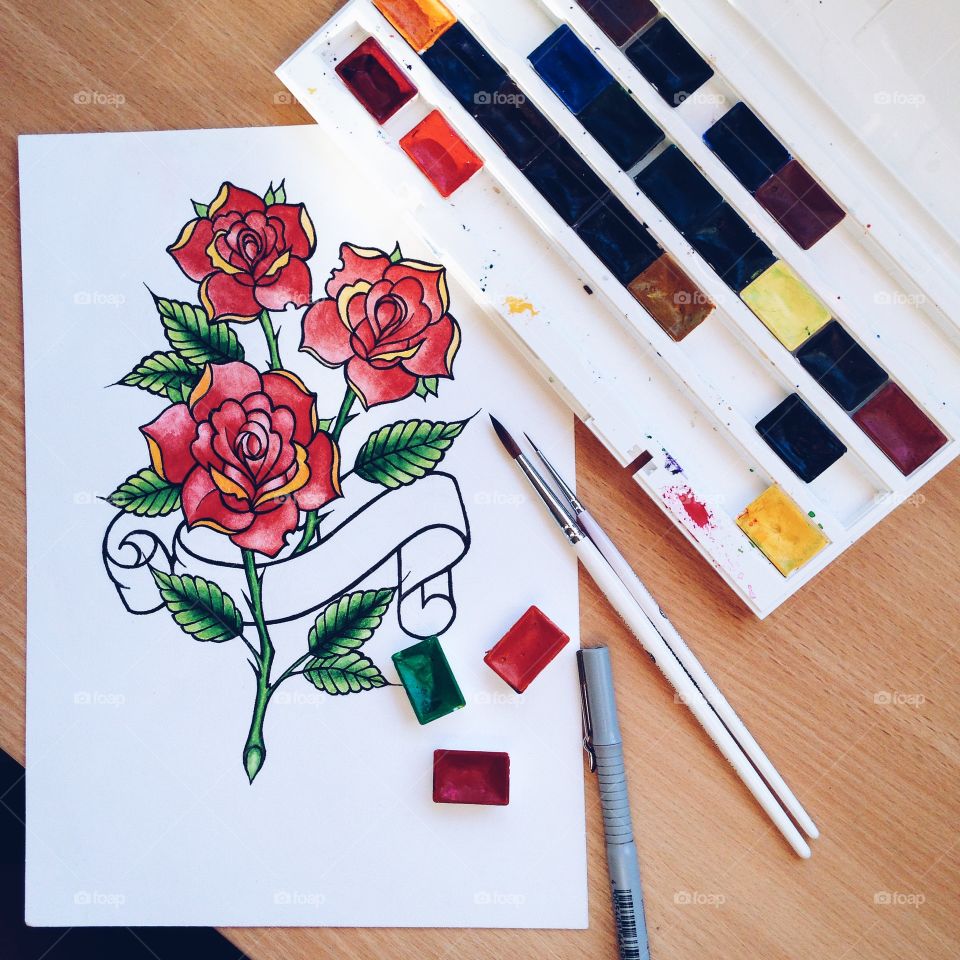 Watercolour drawing of red roses 