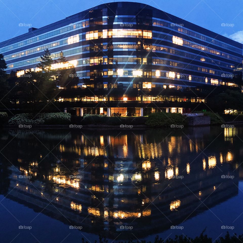 Building across from The Westin in the Perimeter of Atlanta GA, blue hour. Reminds me of the robot in Flight of the Navigator. 