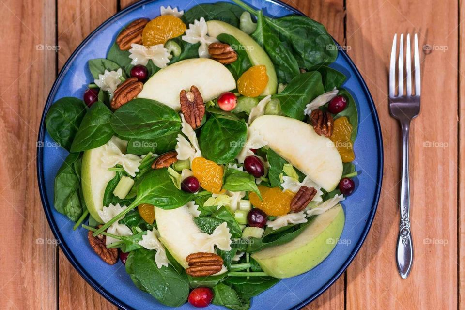 autumn salad with spinach, mini farfalle, apple, mandarin orange, cranberries, and pecan nuts with a drizzle of light vinaigrette dressing