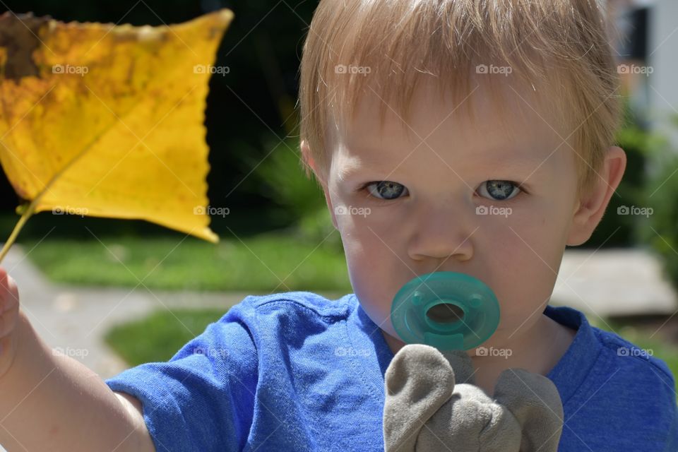 Cute baby boy with yellow leaf