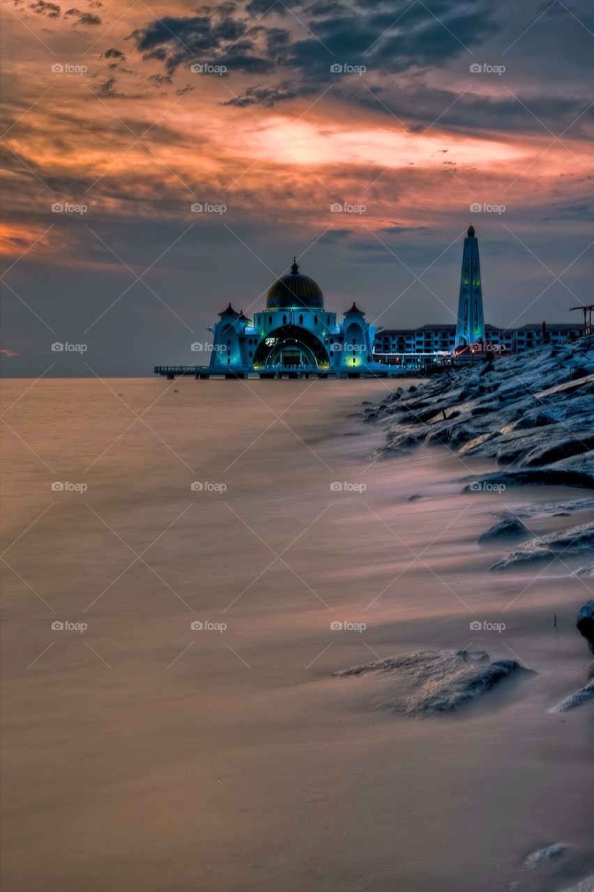 Floating mosque in the sunset
