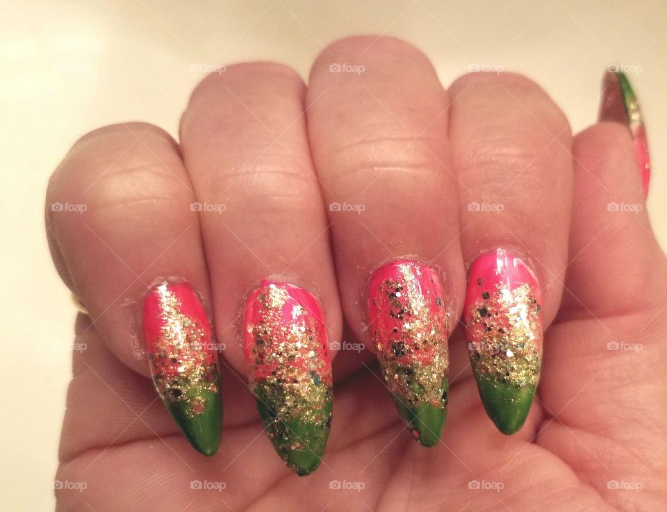 fingernails, nails, art, Lakshmi, green, pink, gold, Goddess, glitter