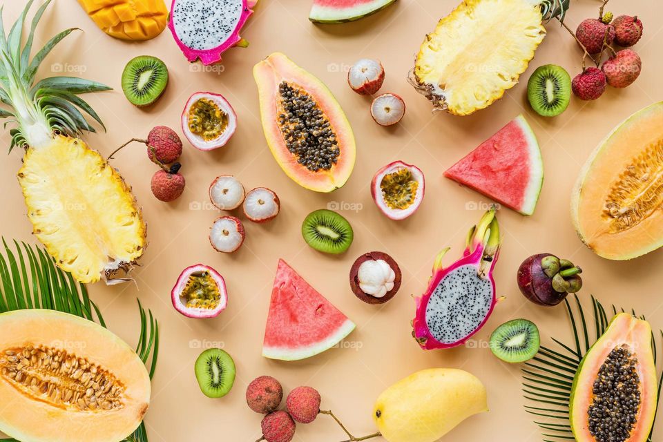 Assortment of sliced exotic fruits 