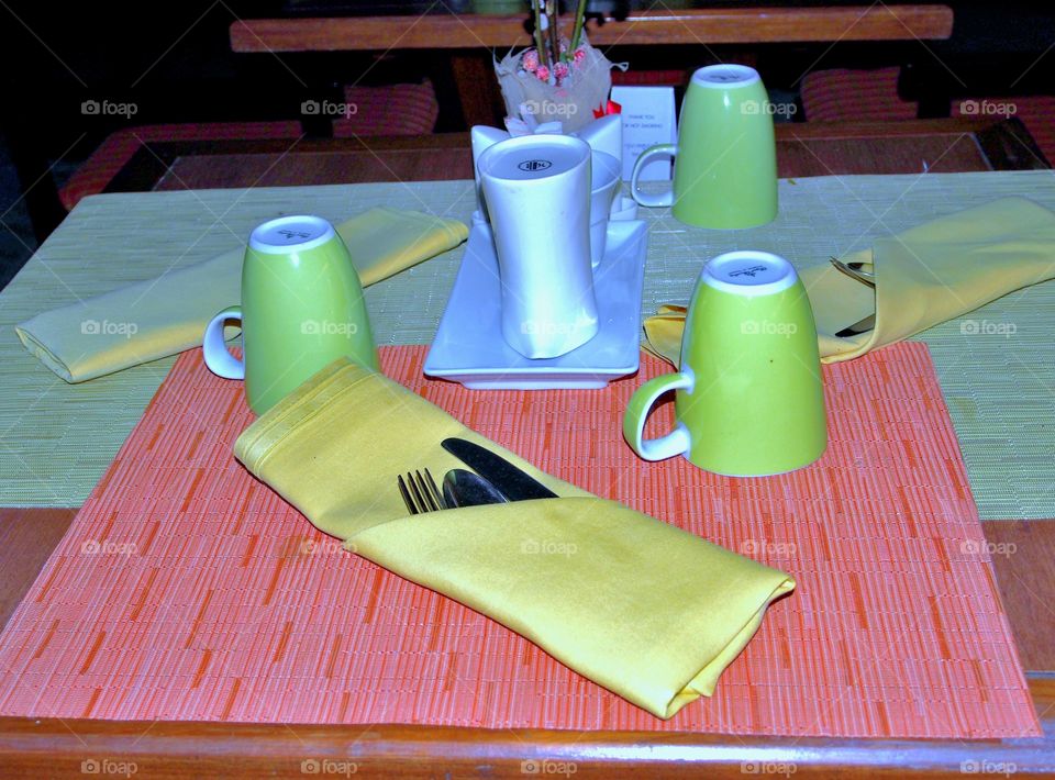 Table preparing for breakfast in  hotel's restaurant