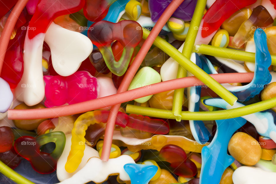 many gummy sweets , top view.  macro shot