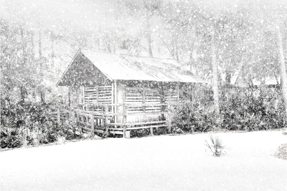 Rustic cabin in a blizzard.